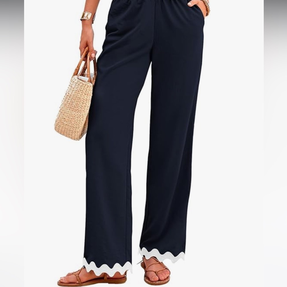 Elegant Navy Blue Women's Pants with White Rickrack  Trim Size XXL
